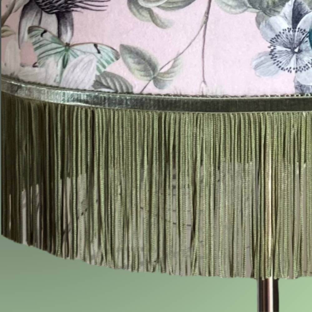 Pink and green velvet drum lampshade with fringe, peacocks, butterflies and florals