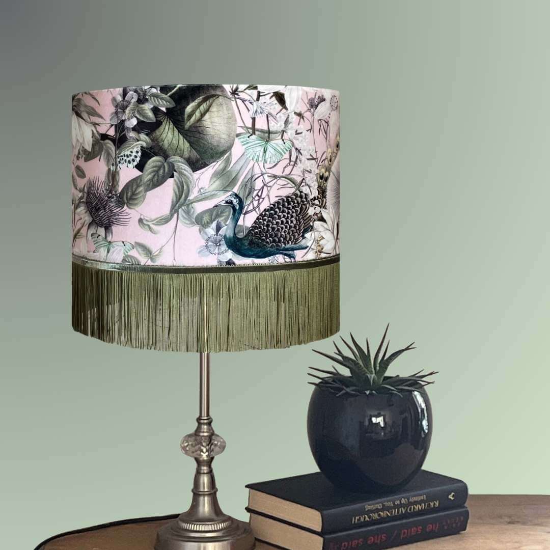 Pink and green velvet drum lampshade with fringe, peacocks, butterflies and florals