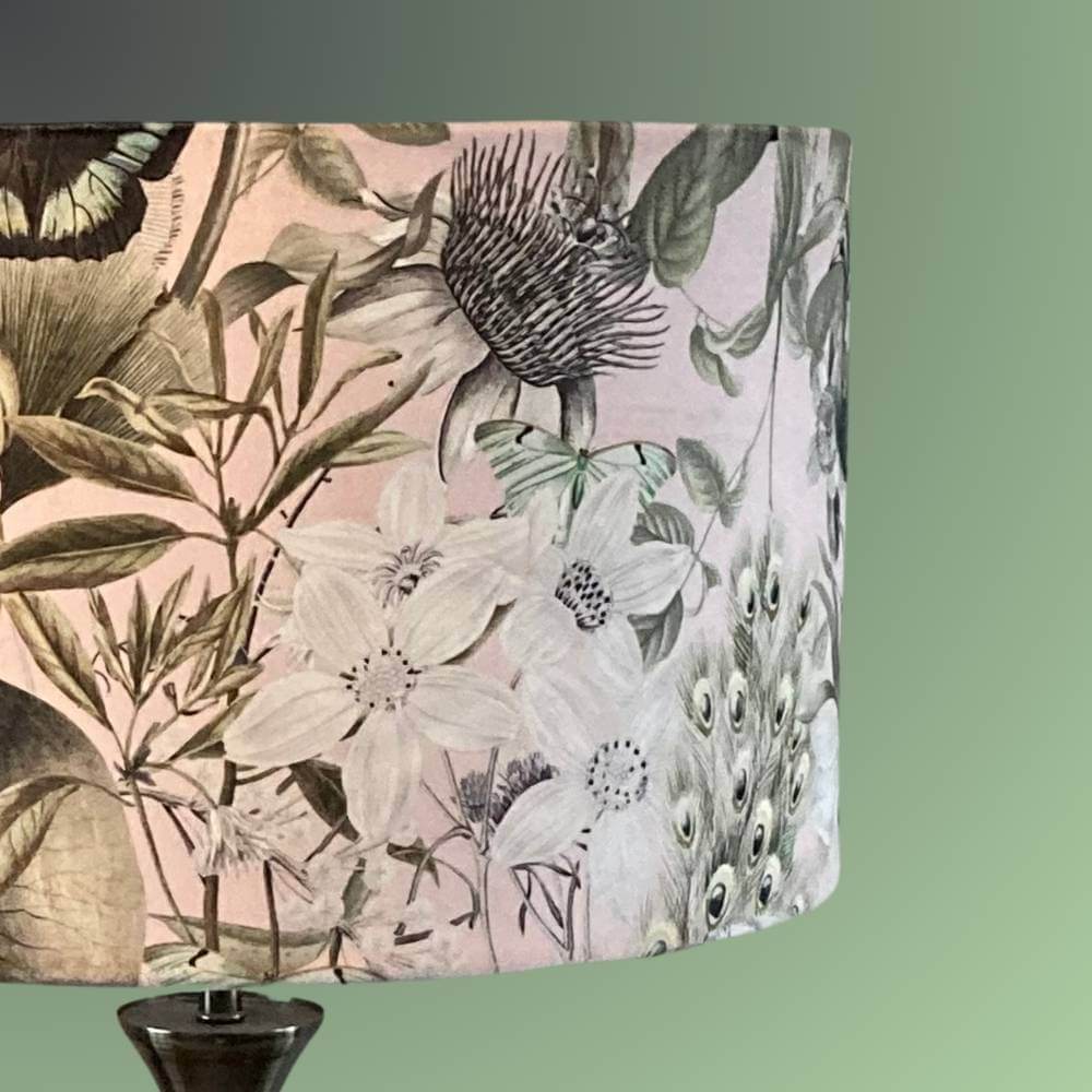 Pink and green velvet lampshade with peacocks florals and butterfiles