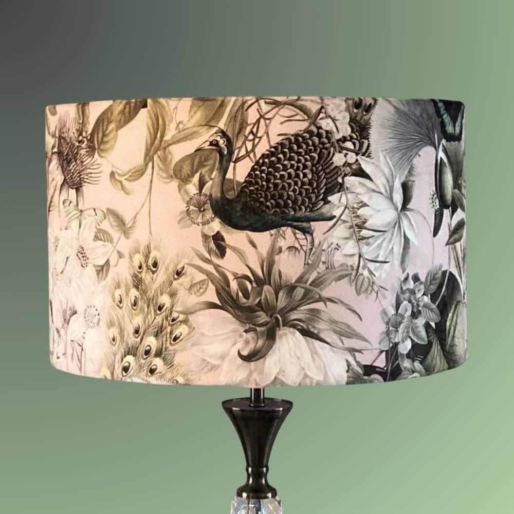 Pink and green velvet lampshade with peacocks florals and butterfiles on lampstand