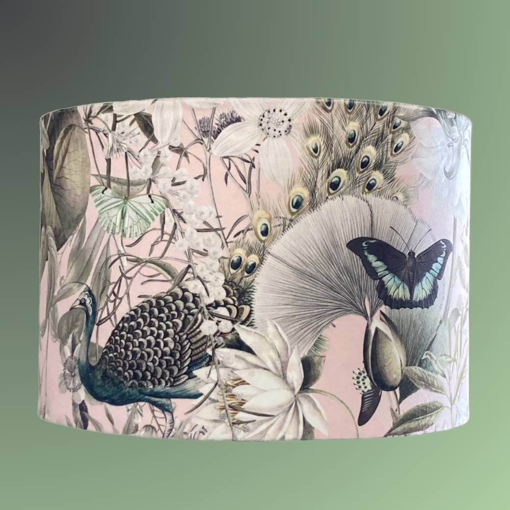 Pink and green velvet lampshade with peacocks florals and butterfiles