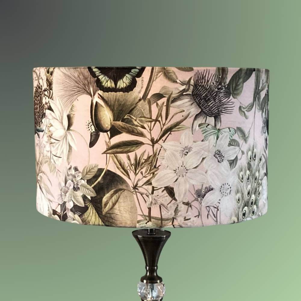 Pink and green velvet lampshade with peacocks florals and butterfiles