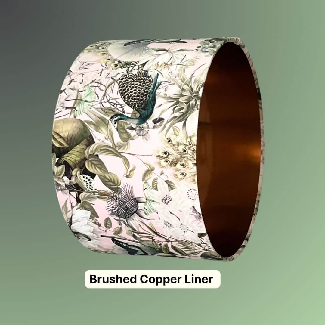 Pink and green velvet lampshade with peacocks florals and butterfiles and copper liner