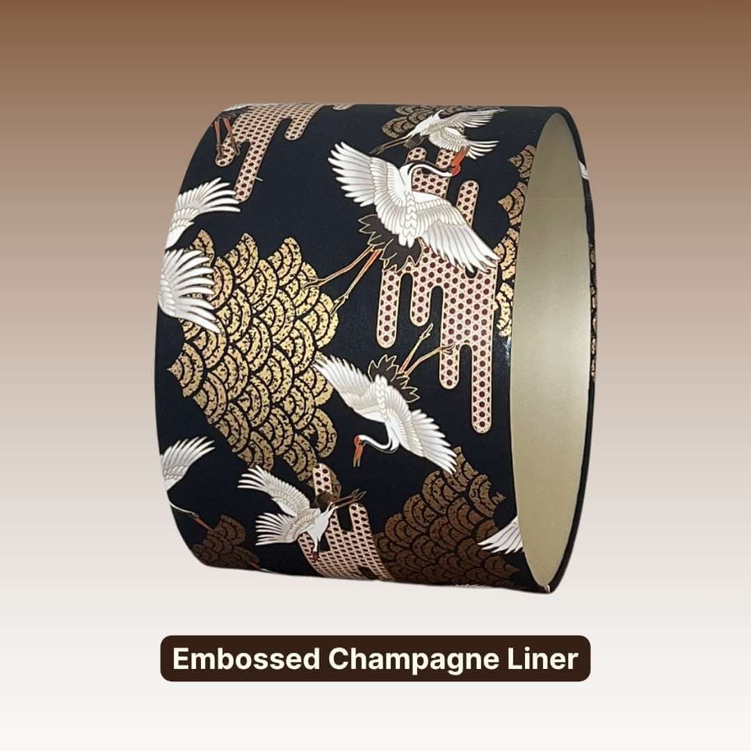 Japanese cranes drum lampshade with  embossed champagne  interior