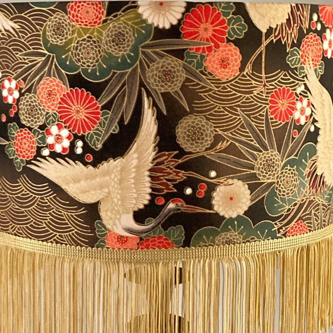 Drum Lampshade made with Authetic Japanese fabric with cranes, florals, metalic gold accents & gold fringe - detail