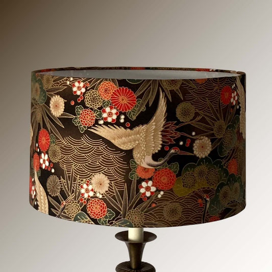 Drum Lampshade made with Authetic Japanese fabric with cranes, florals and metalic gold accents on lampbase