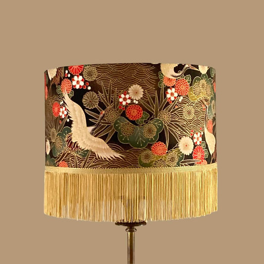 Drum Lampshade made with Authetic Japanese fabric with cranes, florals, metalic gold accents & gold fringe