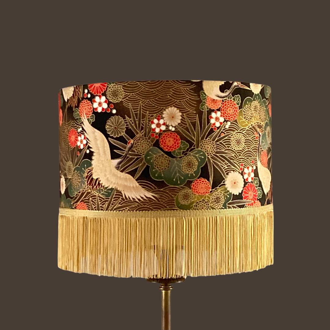 Drum Lampshade made with Authetic Japanese fabric with cranes, florals , metalic gold accents & gold fringe