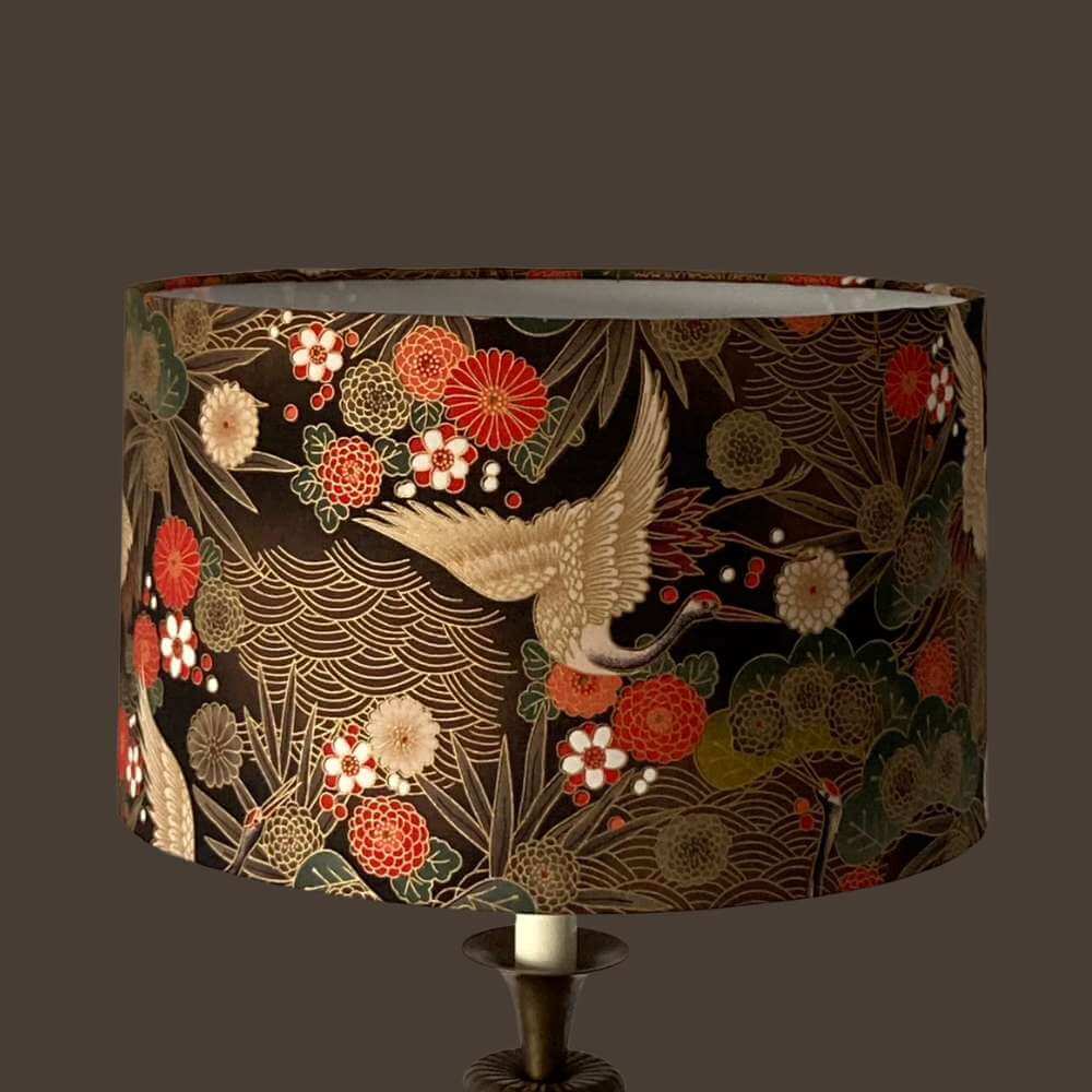 Drum Lampshade made with Authetic Japanese fabric with cranes, florals and metalic gold accents 