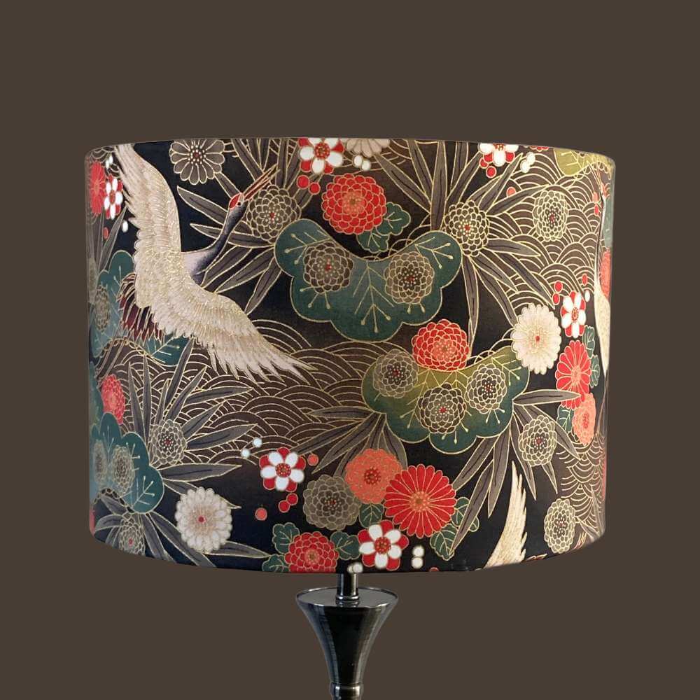 Drum Lampshade made with Authetic Japanese fabric with cranes, florals and metalic gold accents 