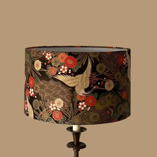 Drum Lampshade made with Authetic Japanese fabric with cranes, florals and metalic gold accents