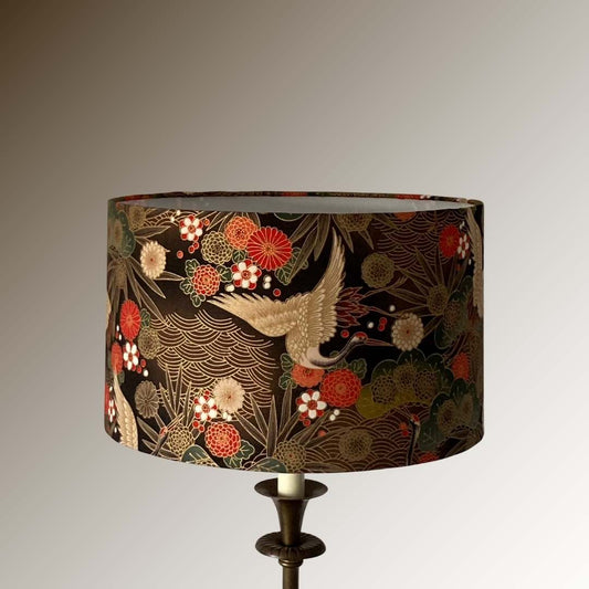 Drum Lampshade made with Authetic Japanese fabric with cranes, florals and metalic gold accents on base