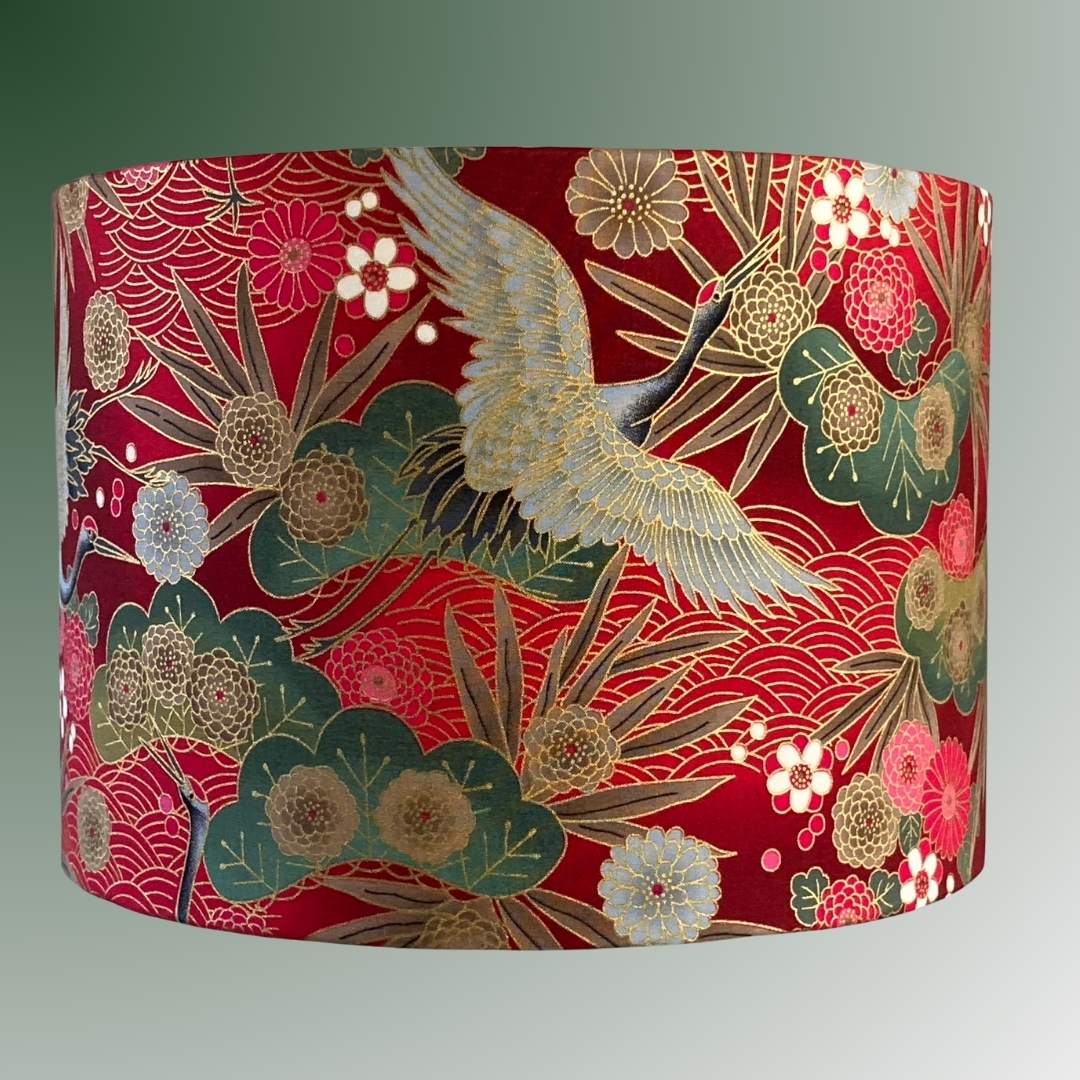 Drum Lampshade made with Authetic Japanese fabric with cranes, florals and metalic gold accents