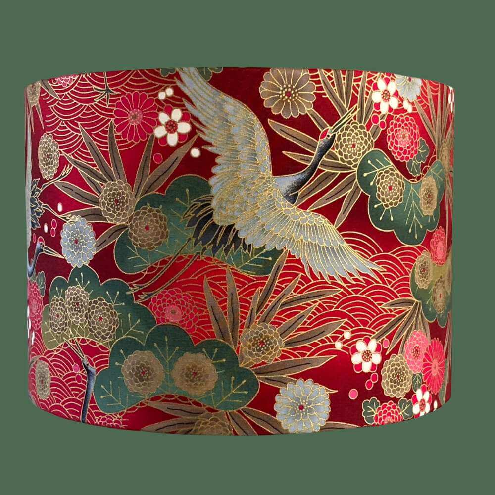 Drum Lampshade made with Authetic Japanese fabric with cranes, florals and metalic gold accents showing details