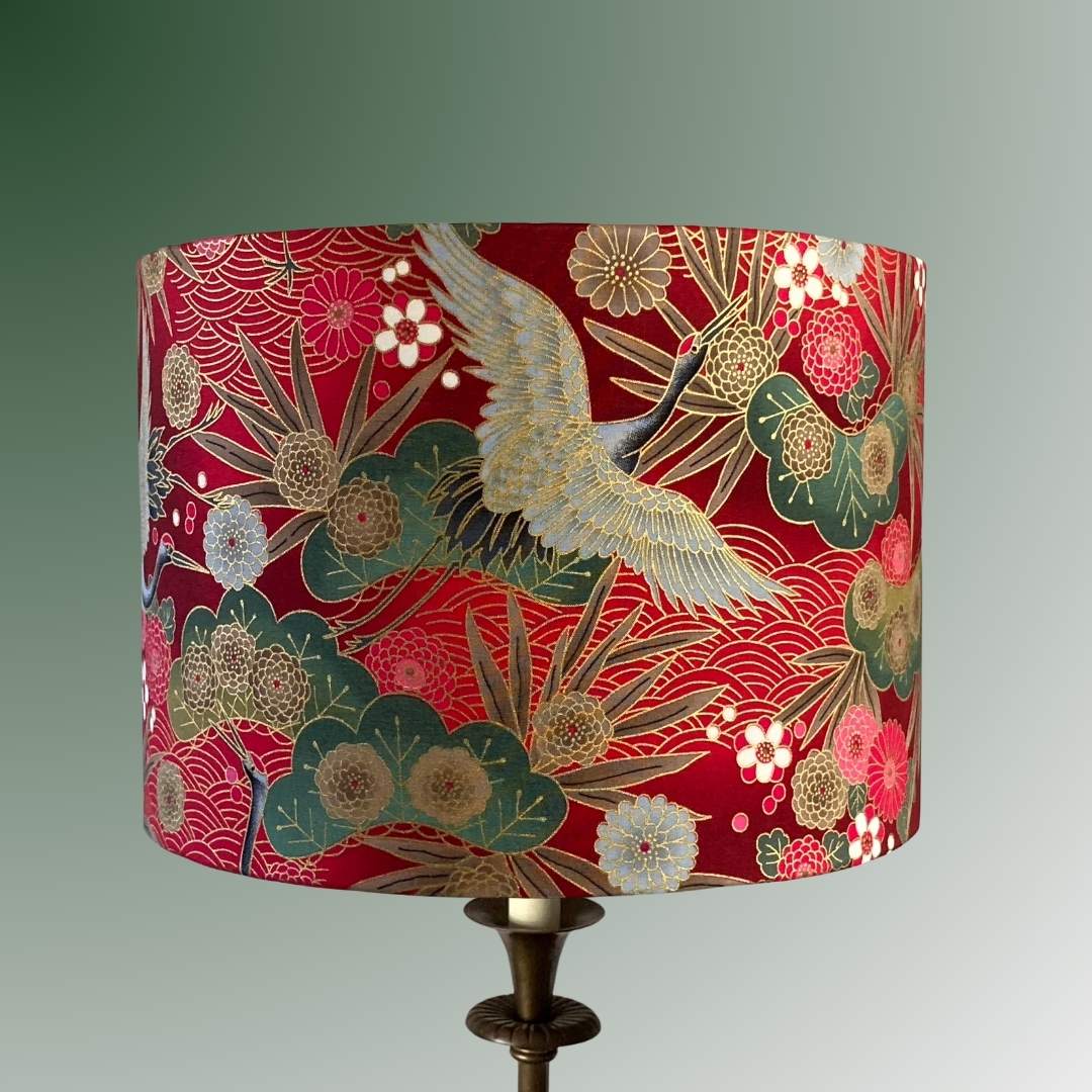 Drum Lampshade made with Authetic Japanese fabric with cranes, florals and metalic gold accents on brass lamp 