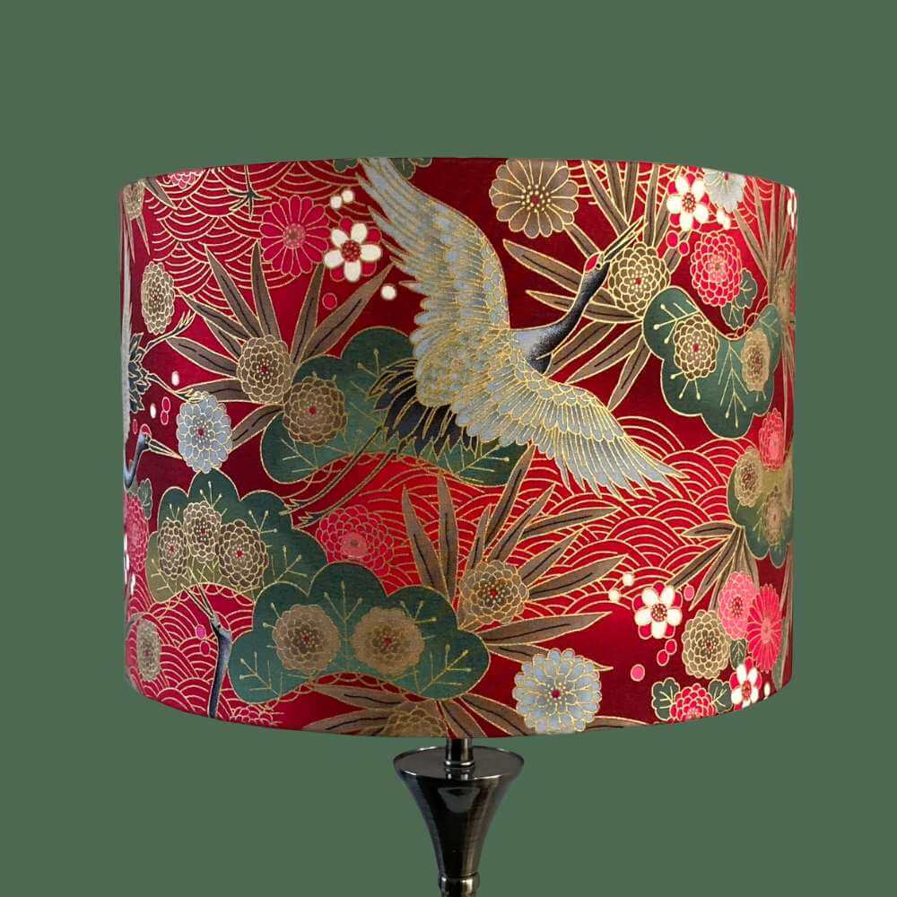 Drum Lampshade made with Authetic Japanese fabric with cranes, florals and metalic gold accents on lamp