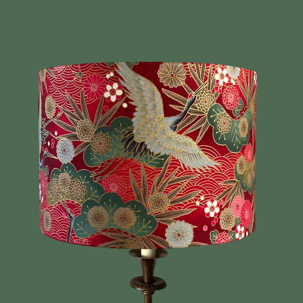 Drum Lampshade made with Authetic Japanese fabric with cranes, florals and metalic gold accents