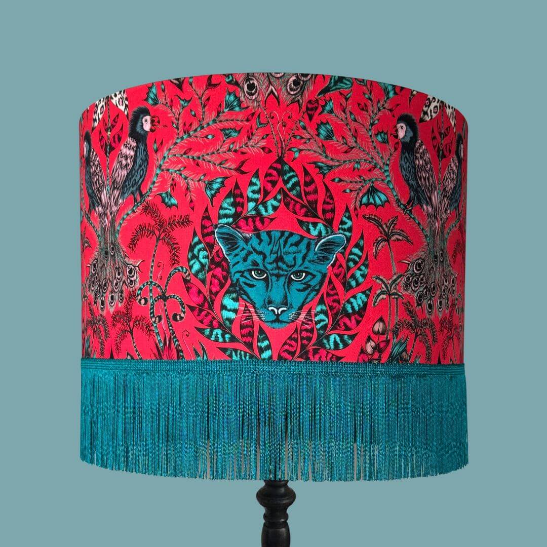 Emma Shipley Amazon Red & Teal Lampshade with Jaguars and Jungle Foliage and teal fringe 