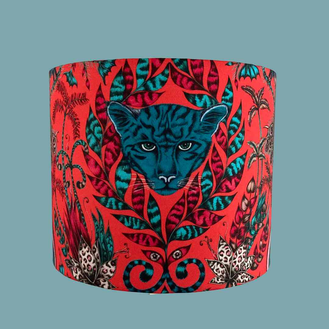 Emma Shipley Quirky Amazon Red & Teal Lampshade with Jaguars and Jungle Foliage 