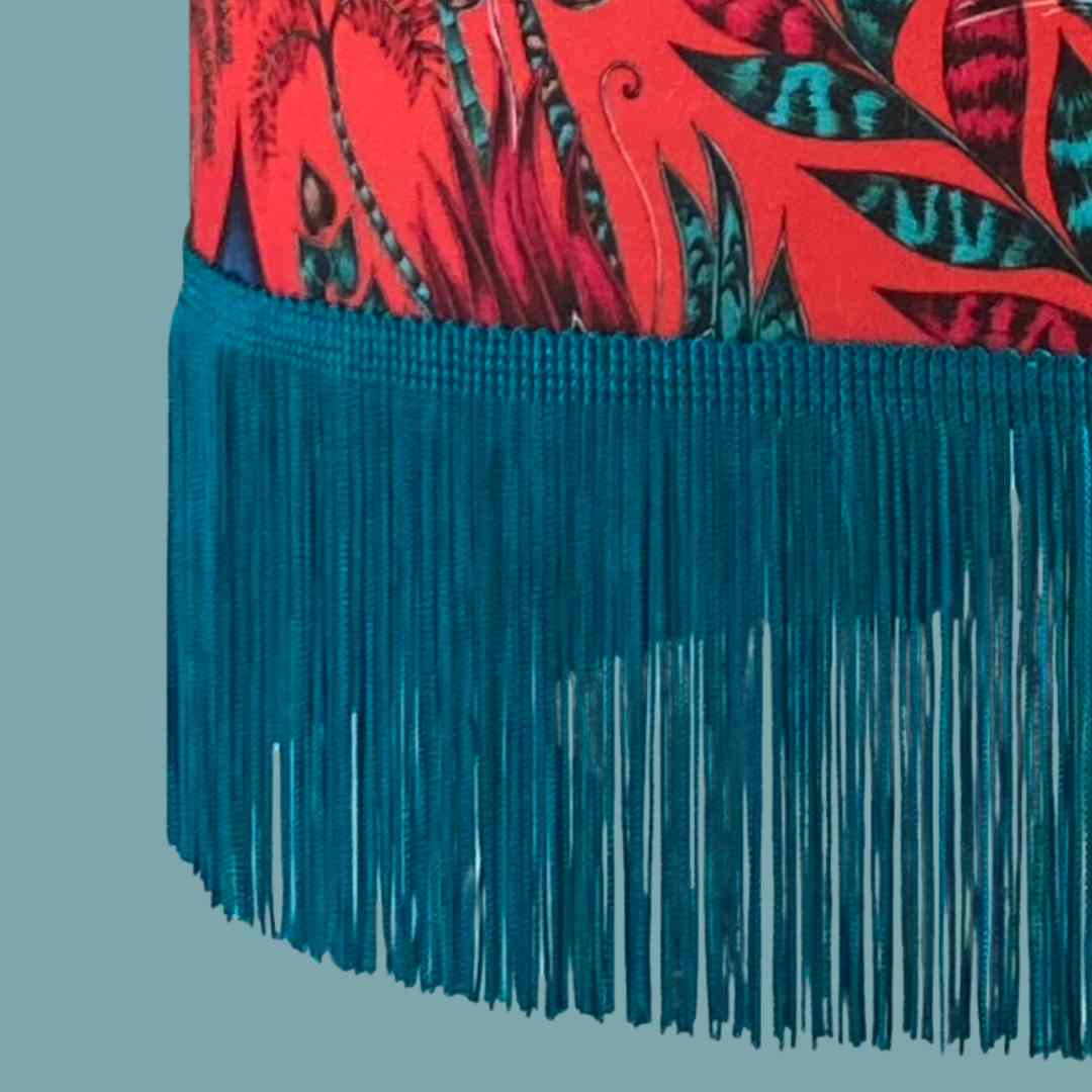 Emma Shipley Quirky Amazon Red & Teal Lampshade with Jaguars and Jungle Foliage teal fringe detail