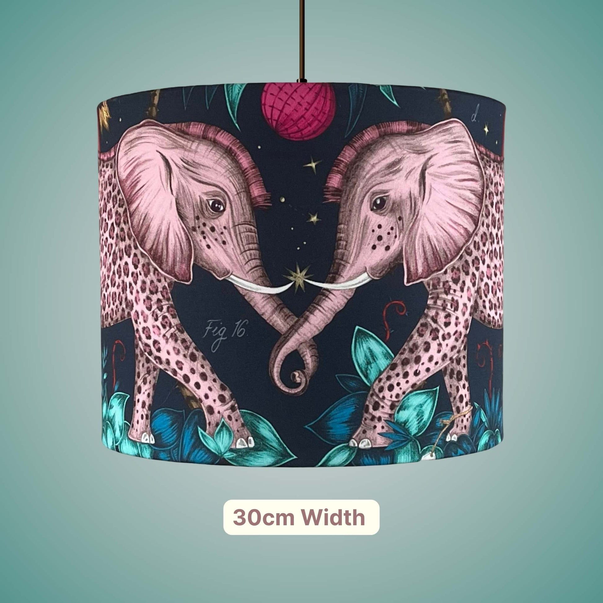 A luxury cotton satin lampshade designed by Emma J Shipley with leopard spotted pink elephants and tropical teal foliage on a navy background.