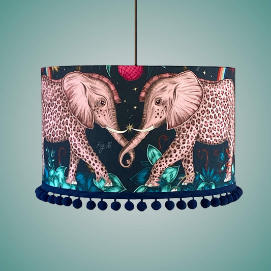 Emma J Shipley zambezi elephants Lampshade with navy pom pom trim