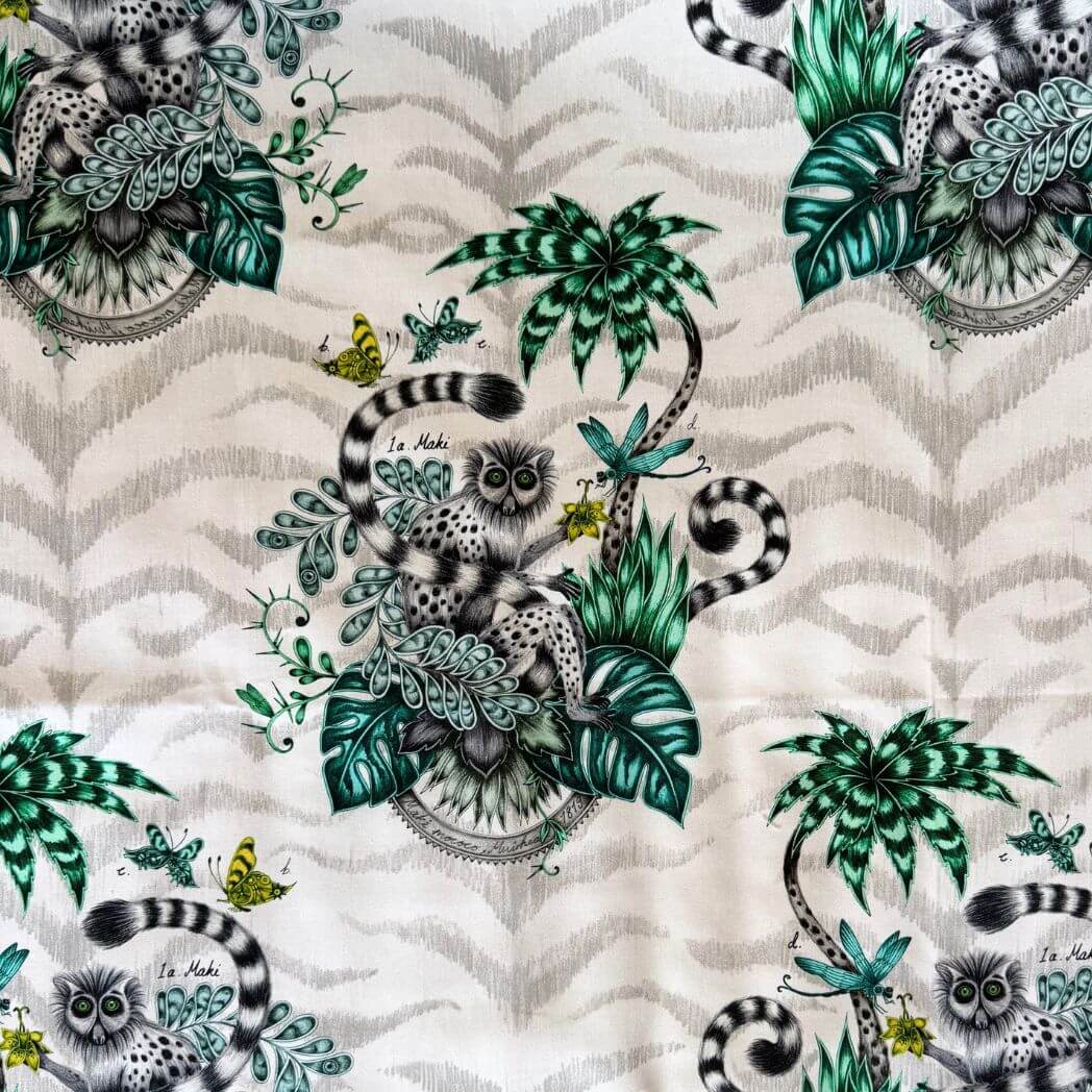 Emma Shipley fabric Lemur in the jungle colourway.