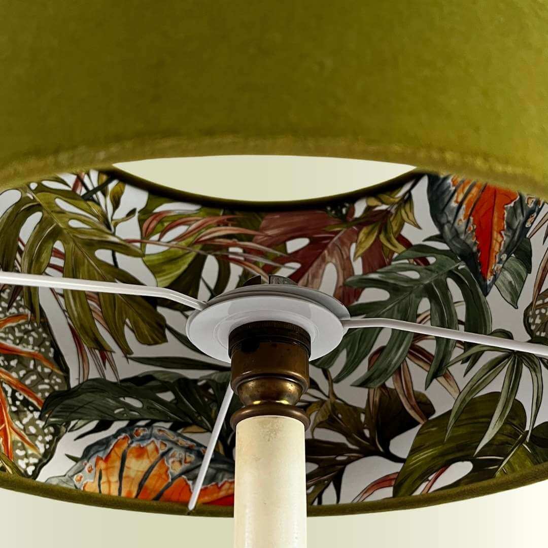 Double sided lampshade with a green velvet outer and Jungle Palms lining 