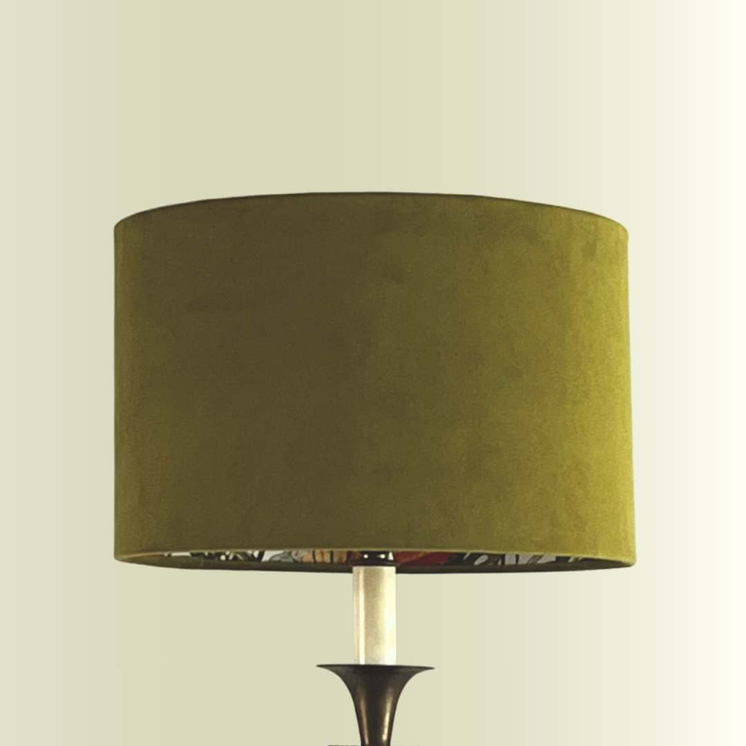 Double sided lampshade with a green velvet outer and Jungle Palms lining 