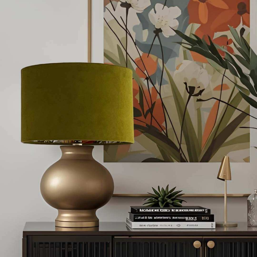 Double sided lampshade with a green velvet outer and Jungle Palms lining on a table lamp 