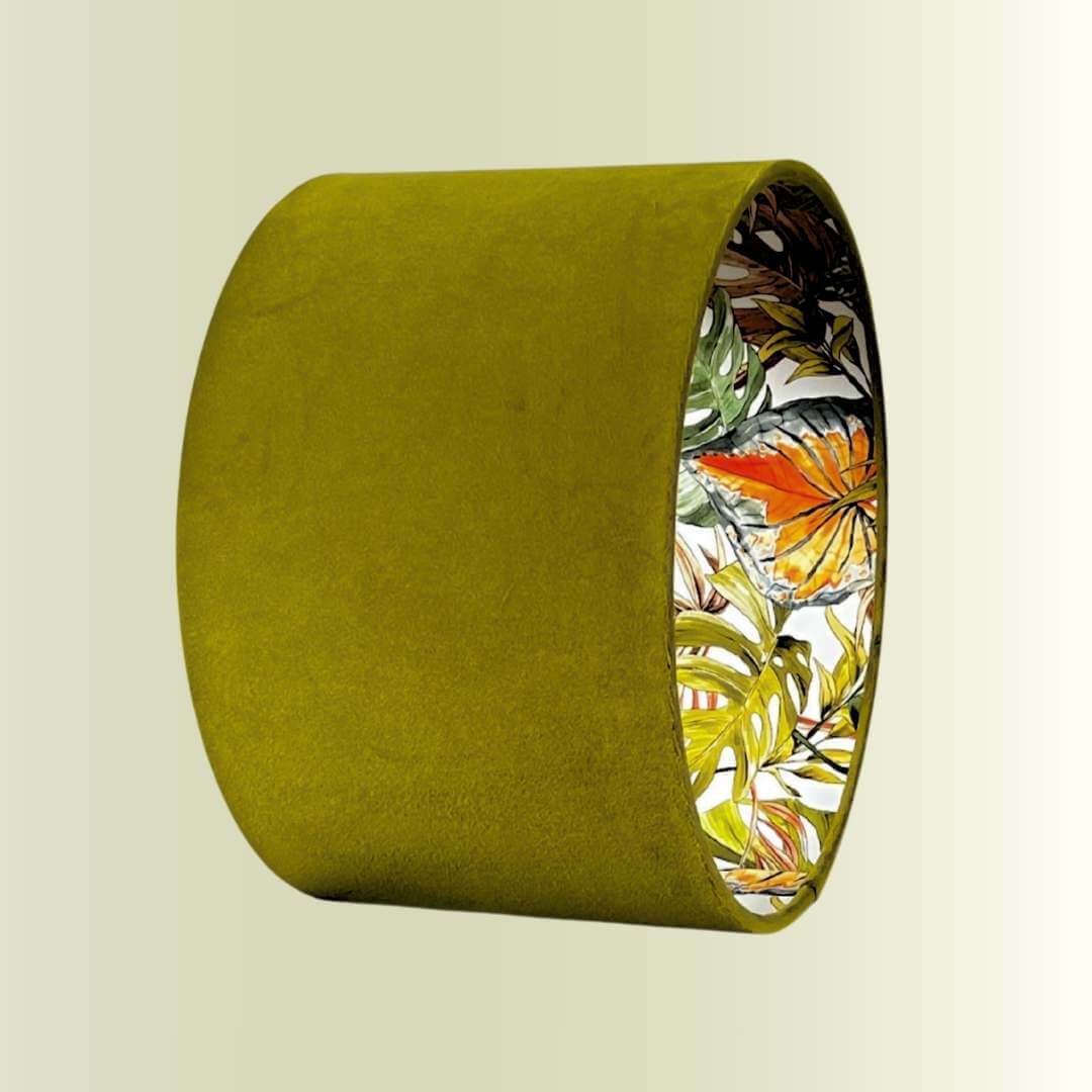 Double sided lampshade with a green velvet outer and Jungle Palms lining 