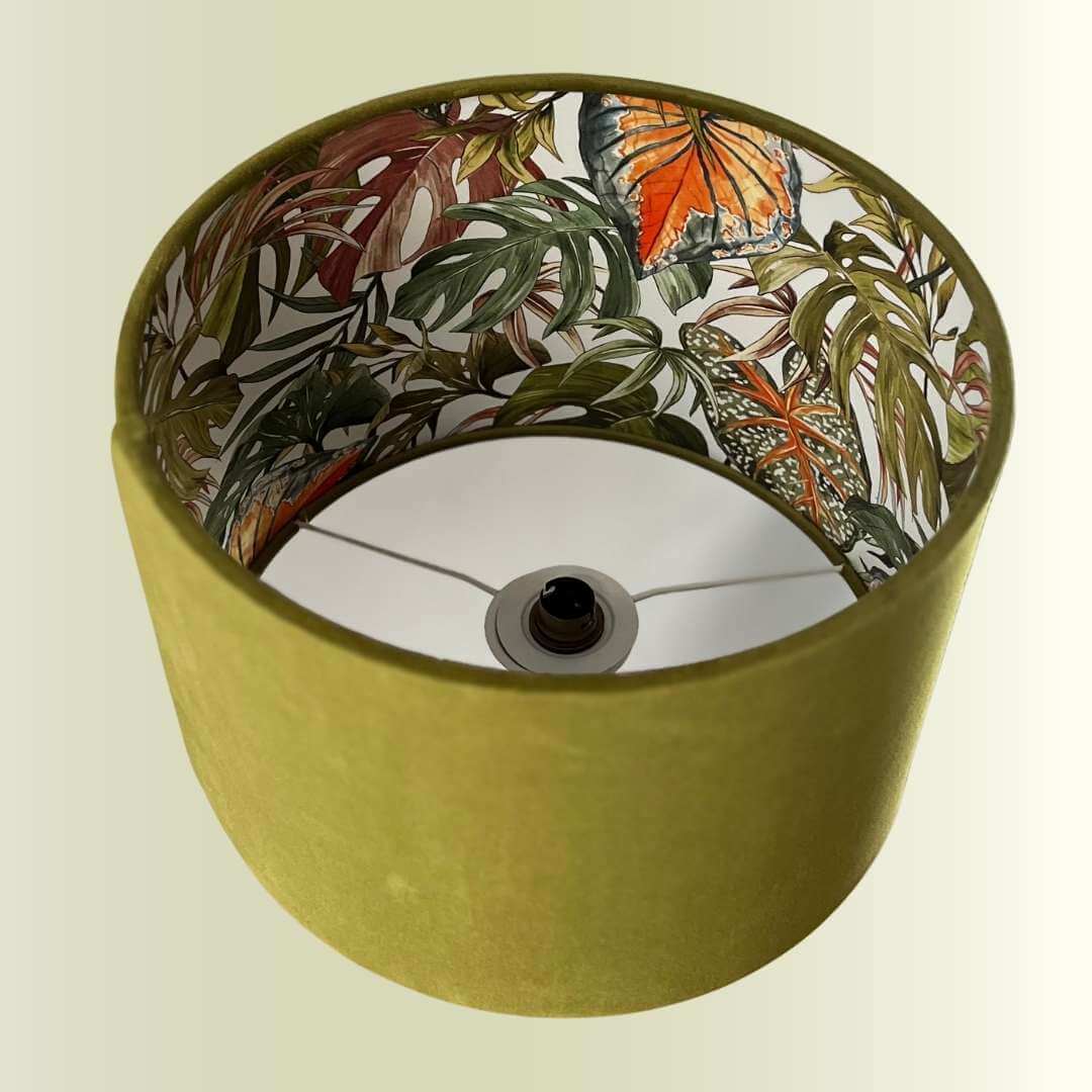 Double sided lampshade with a green velvet outer and Jungle Palms lining 