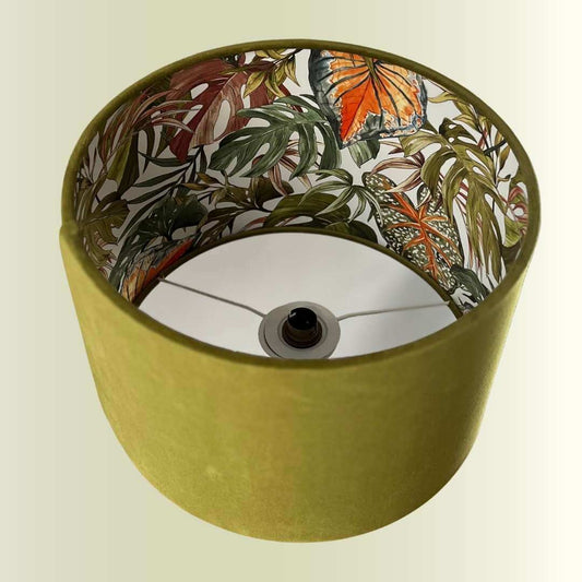 Double sided lampshade with a green velvet outer and Jungle Palms lining 