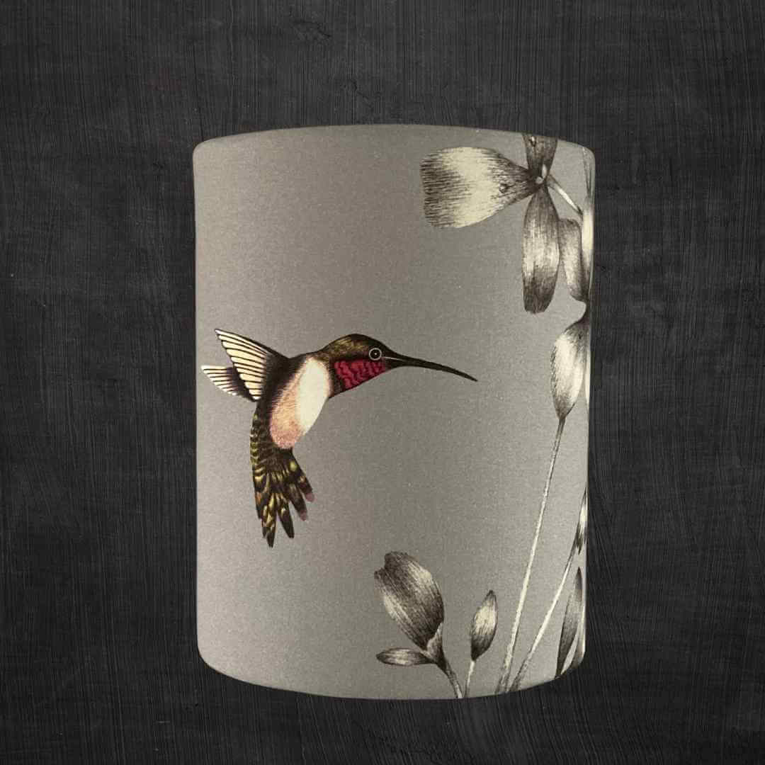 Space Saving Tall Drum Lampshade with Florals & Pink Hummingbirds fabric by Harlequin called Amazillia 