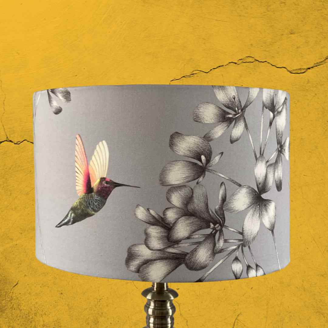 Grey Drum Lampshade with Florals & Hummingbirds showing orange bird