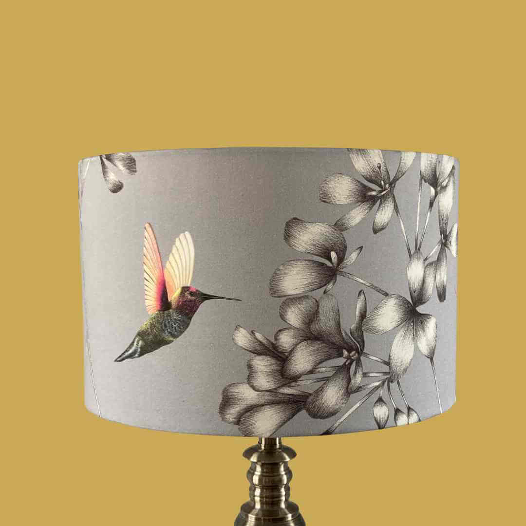 Grey Drum Lampshade with Florals & Hummingbirds 