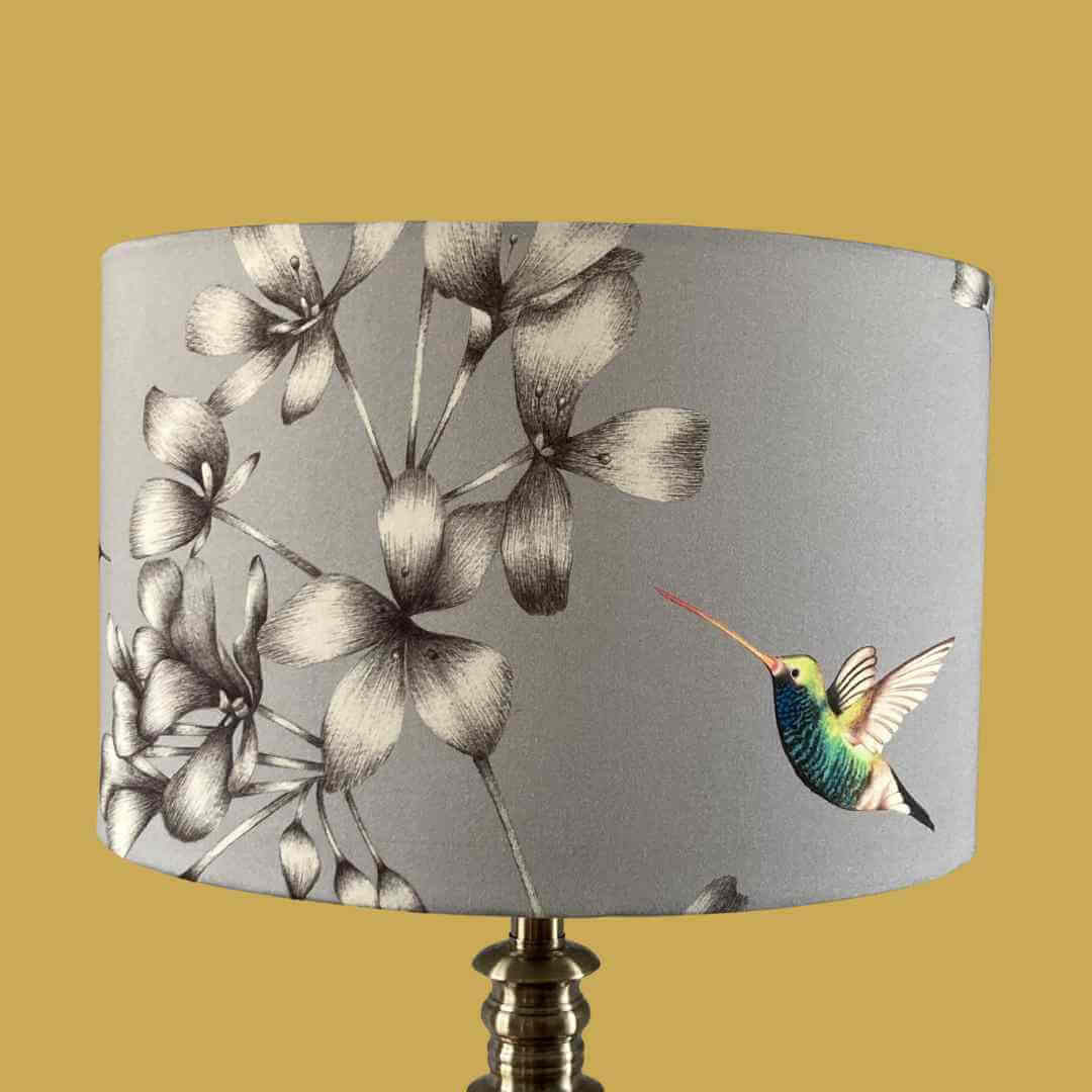 Grey Drum Lampshade with Florals & Hummingbirds showing green bird