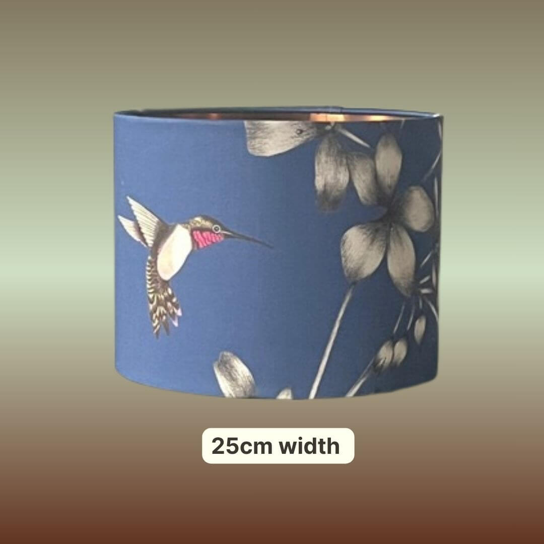 Indigo Blue Lampshade with Florals & Hummingbirds fabric by Harlequin Amazillia with a copper lining 25cm 