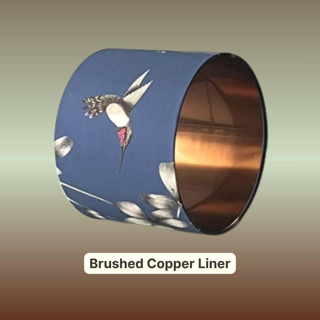 Indigo Blue Lampshade with Florals & Hummingbirds fabric by Harlequin Amazillia with a copper lining