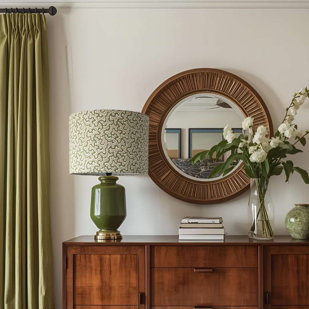 Wooden sideboard with a lan Sanderson Dulcie Briar Rose drum lampshade on a green base and a mirror in the background