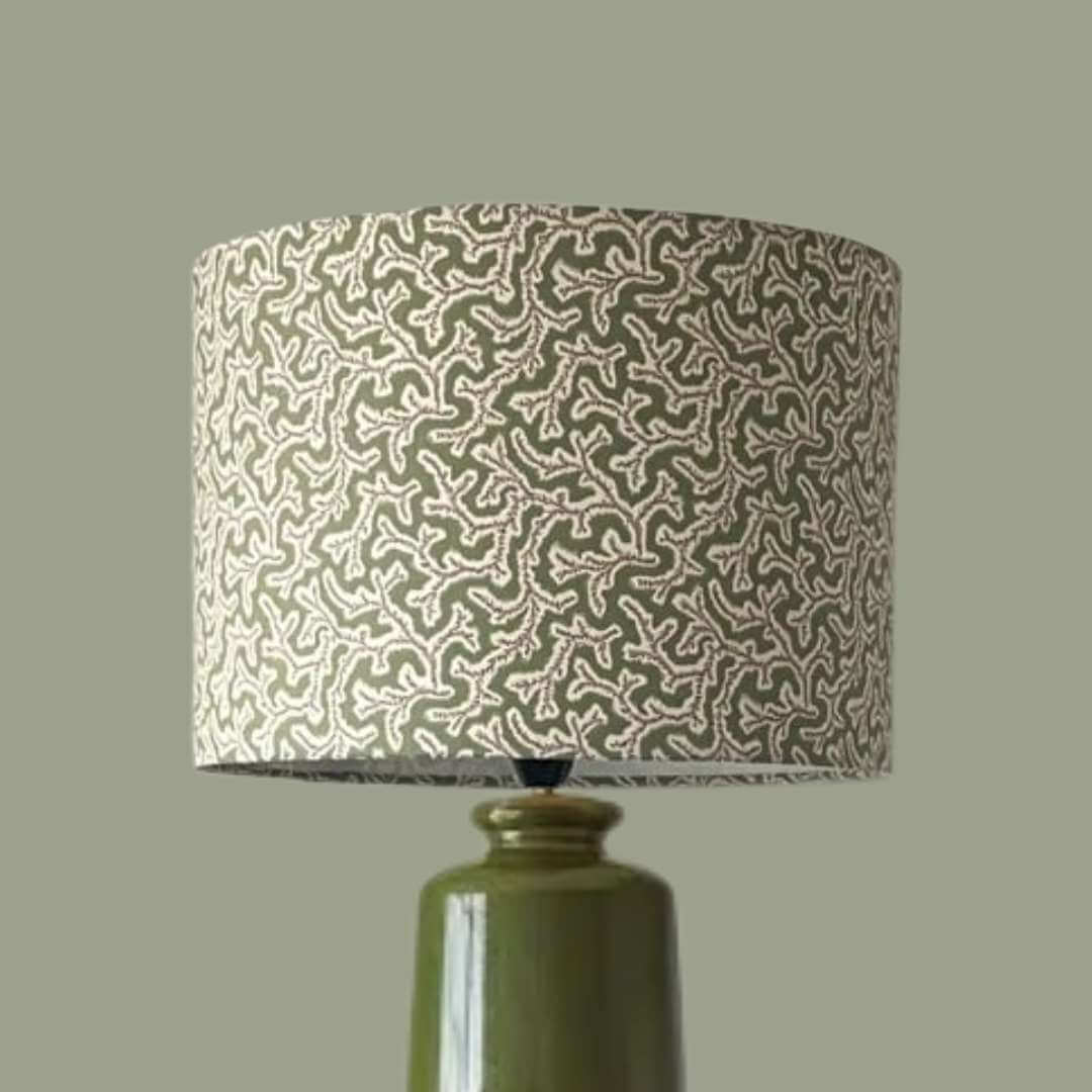 Ian Sanderson Dulcie Briar Rose drum lampshade on a green base