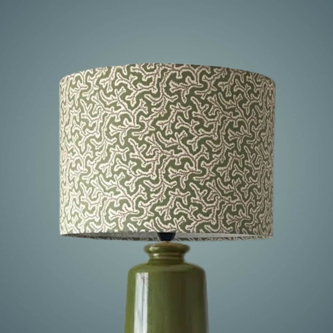 Ian Sanderson Dulcie Briar Rose drum lampshade on a green base