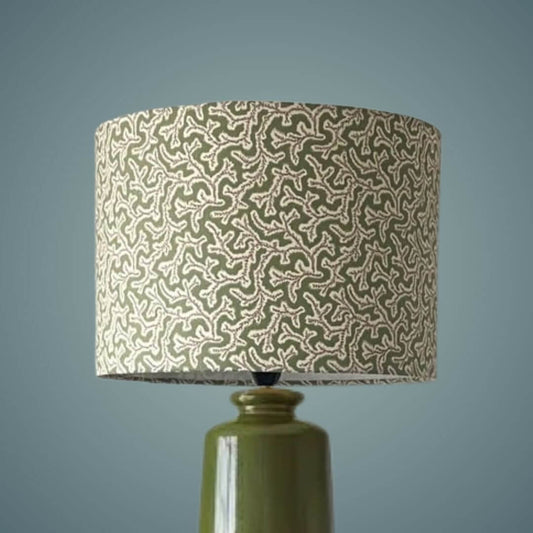 Ian Sanderson Dulcie Briar Rose drum lampshade on a green base