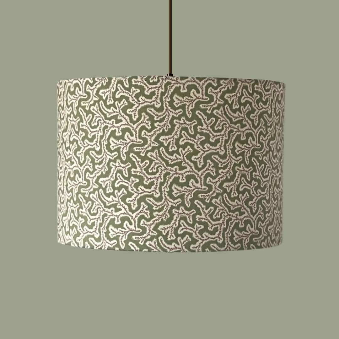 Ian Sanderson Dulcie Briar Rose drum lampshade on a ceiling pendant
