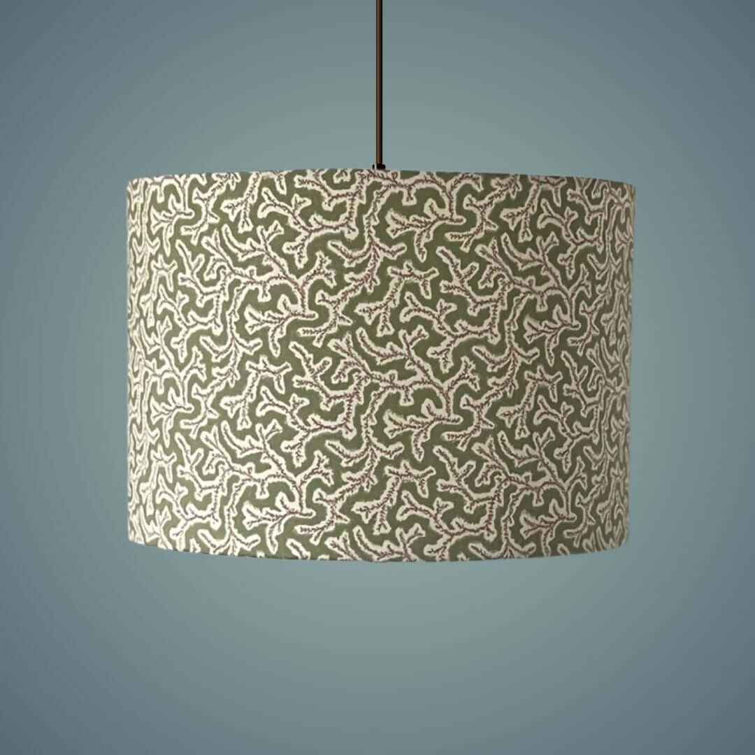 Ian Sanderson Dulcie Briar Rose drum lampshade on a ceiling light
