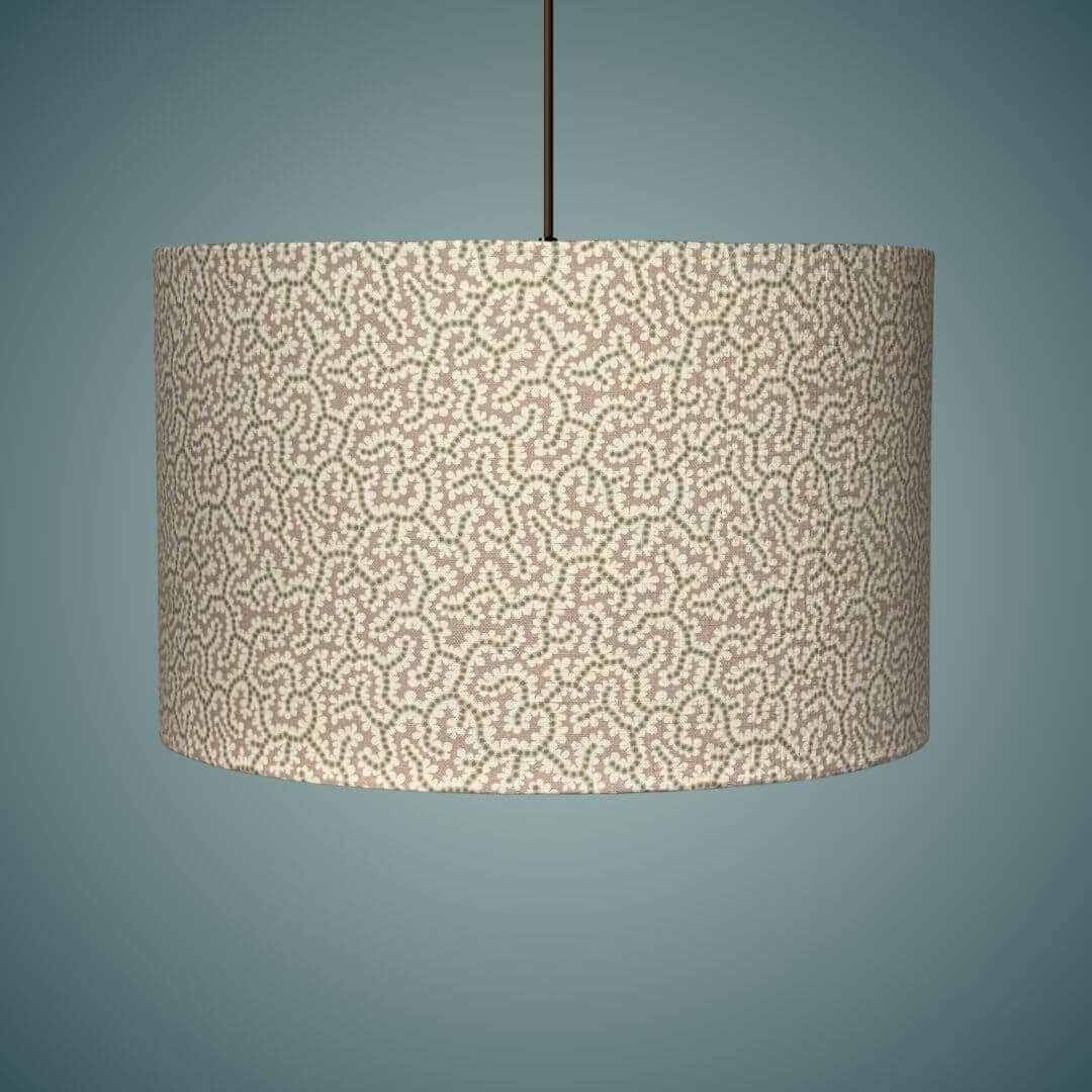 Ian Sanderson Elney Drum lampshade  in Shrimp on a ceiling light