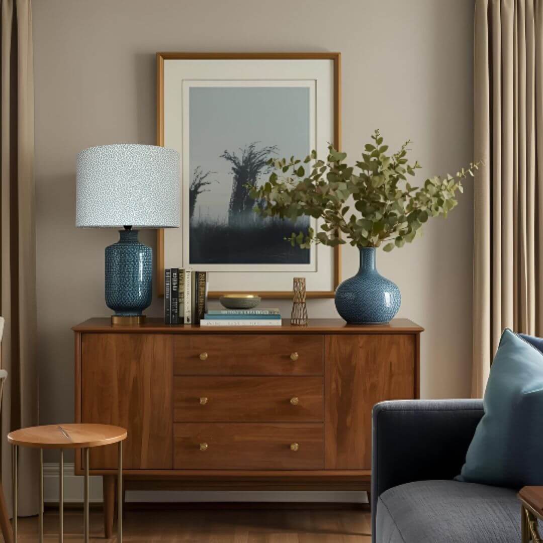 A table lamp with a drum lampshade crafted from Ian Sanderson Petra fabric in Chalk Blue. A small-scale abstract pattern of light blue and white. Shown on a mid-century modern wooden sideboard styled in a living room setting.