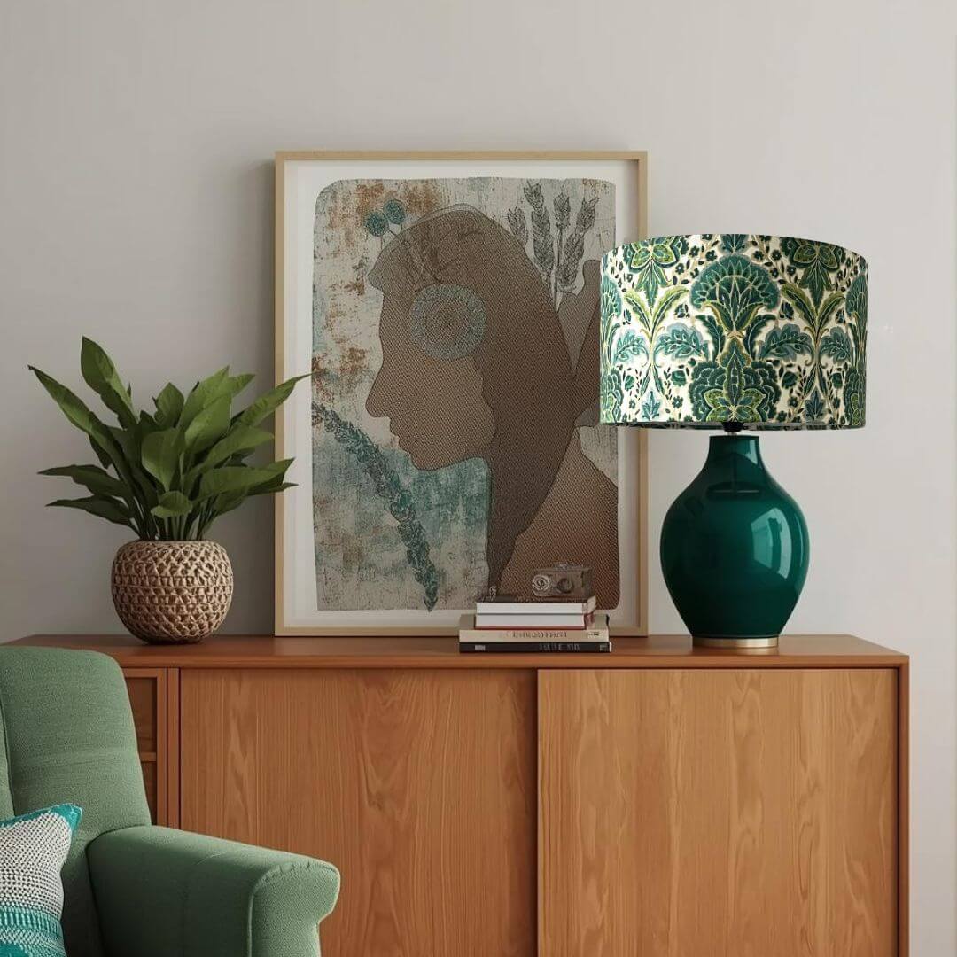 Green lamp with patterned shade on a wooden cabinet with a plant and framed art in the background.