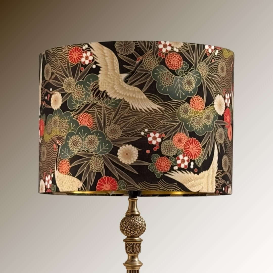Drum Lampshade made with Authetic Japanese fabric with cranes, florals and metalic gold accents on a  brass ornate lampbase