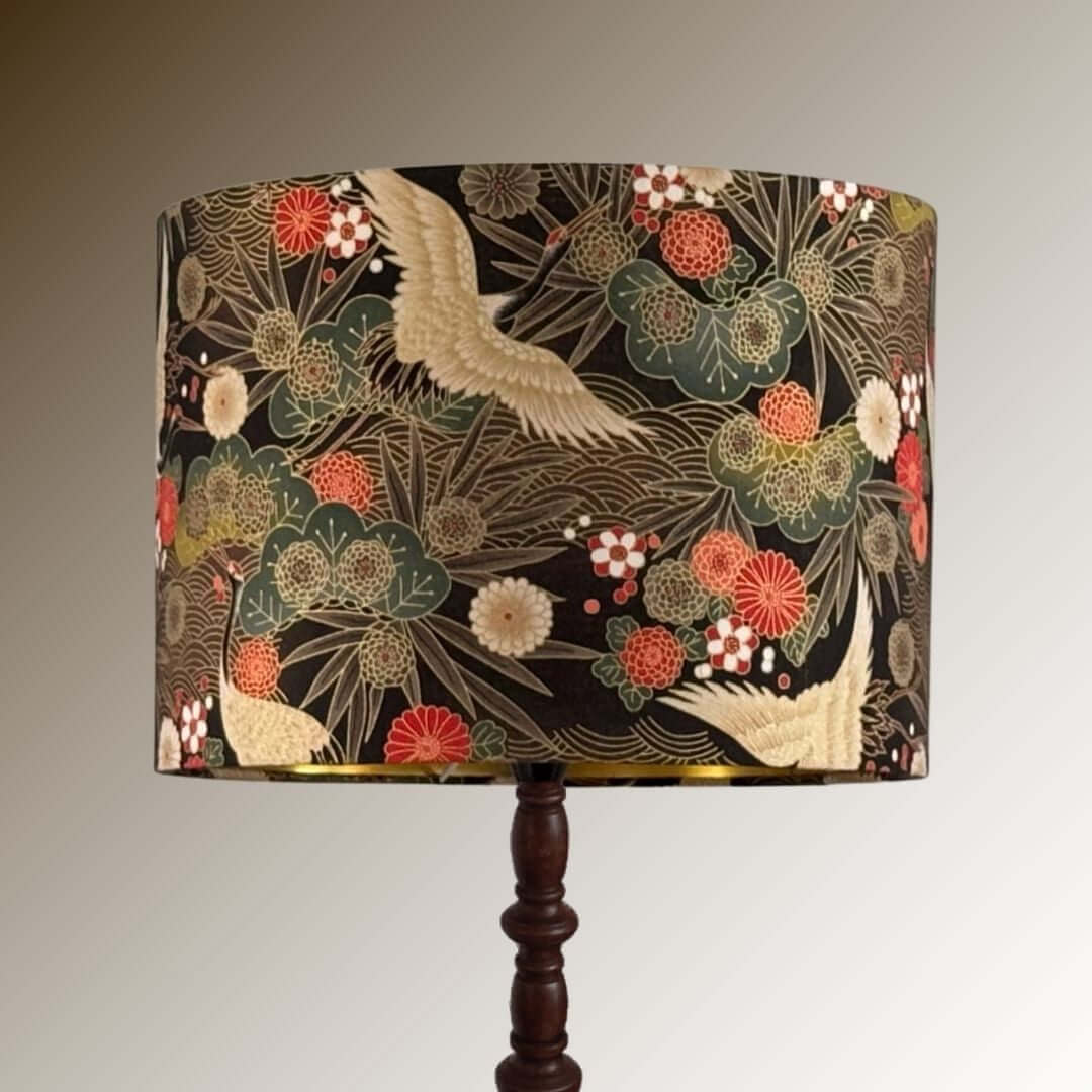 Drum Lampshade made with Authetic Japanese fabric with cranes, florals and metalic gold accents on dark wood lampbase